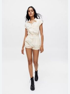 Urban Outfitters Fine Corduroy Quinn Shortie Romper in Cream